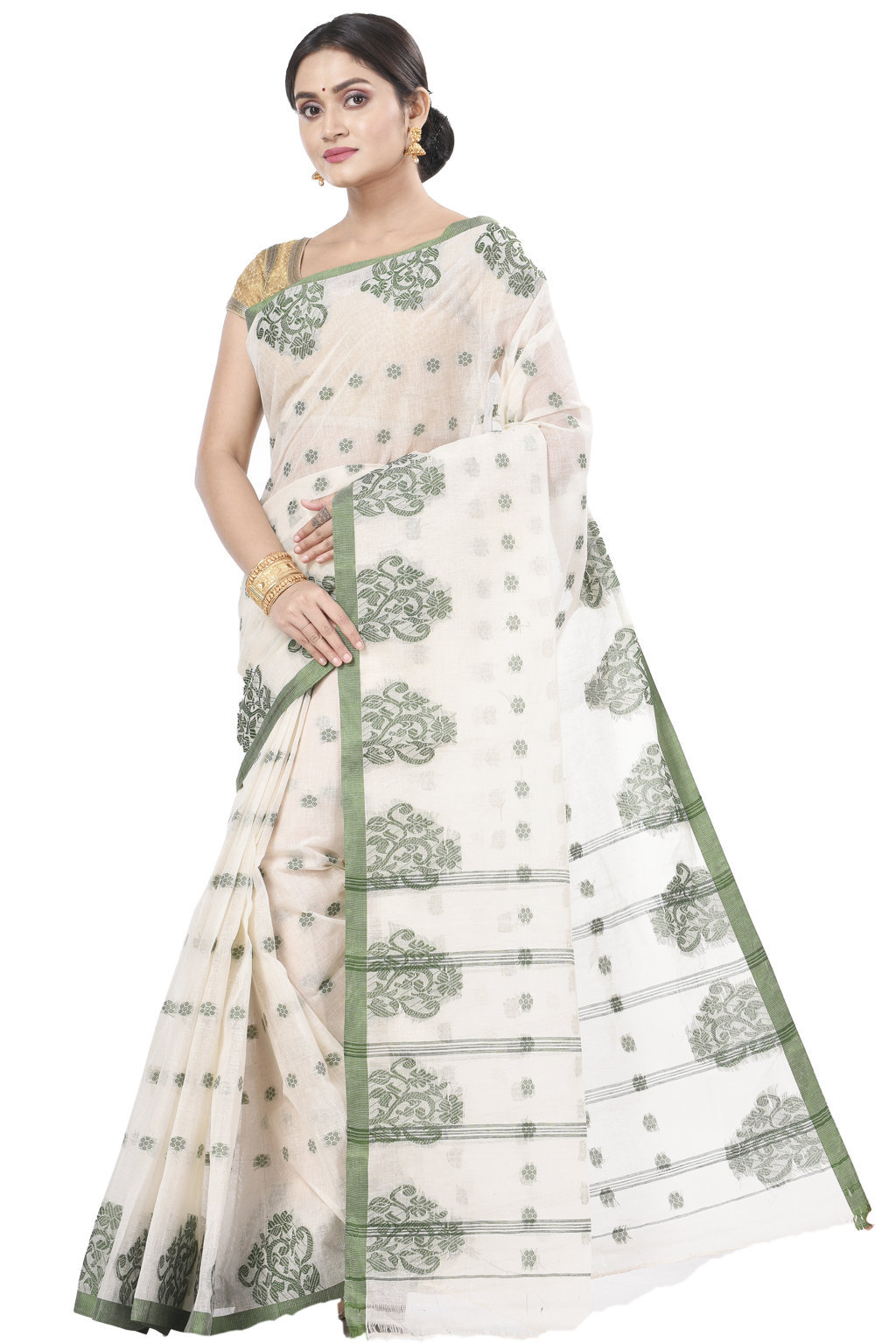 Green Pure Cotton Botgach Tant Saree (519)